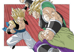 Rule 34 | 2boys, armor, black armor, black vest, blonde hair, broly (dragon ball super), clenched hand, clenched teeth, cropped vest, dragon ball, dragon ball super, dragon ball super broly, fighting, forest 1988, gogeta, green armor, medium hair, multiple boys, muscular, muscular male, nipples, no pupils, pants, parrying, purple pants, red background, smirk, speed lines, spiked hair, super saiyan, super saiyan 1, teeth, toriyama akira (style), vest, white pants