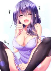 Rule 34 | 1girl, bare arms, bare shoulders, black thighhighs, blue background, blush, breasts, cleavage, clenched hand, closed eyes, collarbone, covering privates, covering crotch, gradient background, green panties, hair between eyes, hair over shoulder, knees up, large breasts, lens flare, long hair, mokufuu, nightgown, open mouth, original, panties, pantyshot, purple hair, purple nightgown, round teeth, sideboob, simple background, sitting, smile, solo, strap gap, strap slip, tears, teeth, thighhighs, thighs, twitter username, underwear, upskirt, white background, white nightgown, wiping tears