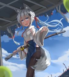 Rule 34 | 1girl, absurdres, ahoge, animal ear fluff, animal ears, artist name, black pantyhose, blue sky, blunt bangs, cloud, cloudy sky, dated, day, fang, feet out of frame, fox ears, fox girl, fox tail, grey eyes, grey hair, hair over shoulder, hair ribbon, hand up, highres, hinbackc, katana, looking at viewer, open mouth, original, outdoors, pantyhose, ponytail, red ribbon, ribbon, scenery, sheath, sheathed, shirt, sidelocks, signature, sky, slime (creature), solo, sword, tail, weapon, white shirt, wide sleeves
