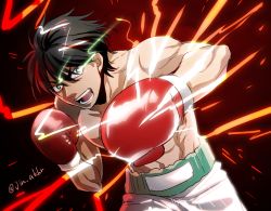 Rule 34 | 1boy, artist name, black background, black hair, boxing, boxing gloves, gradient background, green pupils, hajime no ippo, hand up, head tilt, incoming attack, incoming punch, jin akhr, lightning, male focus, miyata ichirou, motion lines, muscular, muscular male, open mouth, outstretched arm, punching, red background, short hair, shorts, solo, upper body