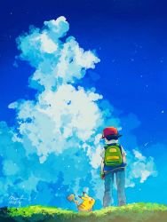 Rule 34 | 1boy, artist name, ash ketchum, backpack, bag, blue jacket, blue sky, cloud, cloudy sky, commentary request, creatures (company), denim, game freak, gen 1 pokemon, grass, green bag, hanenbo, highres, jacket, jeans, looking at another, looking away, looking up, nintendo, pants, pikachu, poke ball, poke ball (basic), pokemon, pokemon (anime), pokemon (classic anime), pokemon (creature), red headwear, sky, white headwear