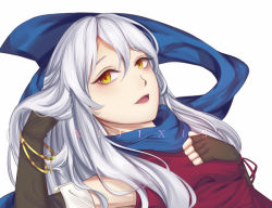 Rule 34 | 1girl, artist name, bangle, bare shoulders, black gloves, blue scarf, bracelet, commentary, dress, elbow gloves, english commentary, fingerless gloves, fire emblem, fire emblem: radiant dawn, gloves, half updo, hand in own hair, jewelry, long hair, looking at viewer, lying, micaiah (fire emblem), nintendo, open mouth, ruffling hair, scarf, silver hair, simple background, sleeveless, sleeveless dress, solo, upper body, white background, xijixis, yellow eyes
