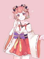 Rule 34 | 1girl, black bow, blunt bangs, bow, collarbone, cowboy shot, cuisine dimension, double bun, hair bow, hair bun, hanataro (sruvhqkehy1zied), hand up, highres, index finger raised, looking at viewer, obi, off shoulder, pink background, pink hair, purple bow, red eyes, red skirt, sash, short hair, simple background, skirt, solo, wide sleeves