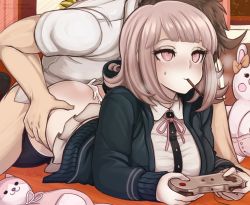 Rule 34 | 1boy, 1girl, aftersex, ass, ass grab, blush, bottomless, breasts, clothed sex, controller, cum, cum on ass, danganronpa (series), food, game controller, hinata hajime, large breasts, lying, merunyaa, multitasking, nanami chiaki, on stomach, pink hair, pocky, prone bone, purple hair, sex, sex from behind, short hair, stuffed animal, stuffed toy, tagme