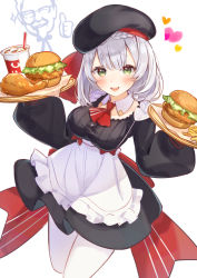 Rule 34 | 1girl, ascot, black hat, braid, brat (brabrabrat00), burger, chicken (food), colonel sanders, detached collar, food, french braid, fried chicken, genshin impact, hat, highres, holding, holding tray, kfc, looking at viewer, noelle (genshin impact), noelle (kfc) (genshin impact), pantyhose, red ascot, simple background, solo, tray, white background