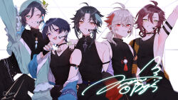 5boys absurdres alternate_costume aqua_hair beret black_hair black_pants black_shirt blush braid closed_mouth earrings flower genshin_impact gradient_hair green_eyes green_hair green_hat green_jacket hair_between_eyes hair_flower hair_ornament hat highres jacket japanese_clothes jewelry kaedehara_kazuha long_sleeves male_focus mashiro_io microphone multicolored_hair multiple_boys one_eye_closed open_mouth pants purple_eyes purple_hair red_eyes red_hair scaramouche_(genshin_impact) shikanoin_heizou shirt short_hair smile streaked_hair tassel twin_braids venti_(genshin_impact) white_background white_flower white_hair xiao_(genshin_impact) yellow_eyes