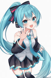 Rule 34 | 1girl, :d, absurdres, black necktie, black skirt, blue eyes, blue hair, blue necktie, collared shirt, hatsune miku, highres, long hair, looking at viewer, necktie, noneon319, open mouth, ponytail, shirt, simple background, skirt, smile, solo, twitter username, very long hair, vocaloid, white background, white hair, white shirt