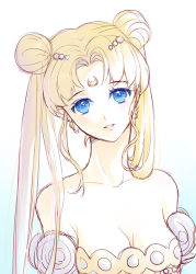 Rule 34 | 1girl, bad id, bad pixiv id, bare shoulders, bishoujo senshi sailor moon, blonde hair, blue eyes, collarbone, crescent, crescent facial mark, double bun, dress, earrings, facial mark, forehead mark, hair ornament, hairclip, head tilt, jewelry, light smile, long hair, looking at viewer, parted lips, princess serenity, shainea, solo, strapless, strapless dress, tsukino usagi, twintails