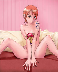 Rule 34 | 1girl, bad id, bad pixiv id, blush, breasts, brown eyes, covering privates, erojump, hat, highres, nami (one piece), nipples, nude, nude cover, one piece, orange hair, pink hat, short hair, small breasts, spread legs, sweat, tattoo, tony tony chopper