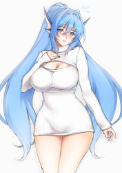 Rule 34 | 1girl, blue eyes, blue hair, blush, breasts, cleavage, cleavage cutout, clothing cutout, embarrassed, fins, flying sweatdrops, head fins, large breasts, lintanghaseo, lips, long hair, long sleeves, matching hair/eyes, meme attire, open-chest sweater, original, ribbed sweater, simple background, solo, split ponytail, sweater, turtleneck, very long hair