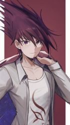 Rule 34 | 1boy, bojue (hakus 1128), closed mouth, collarbone, danganronpa (series), danganronpa v3: killing harmony, grey shirt, hair between eyes, highres, holding, holding clothes, holding jacket, jacket, jacket over shoulder, unworn jacket, momota kaito, open clothes, open shirt, print shirt, purple eyes, purple hair, red background, shirt, smile, solo, space print, spiked hair, starry sky print, upper body, white background