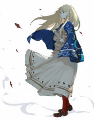 Rule 34 | 1girl, blonde hair, blue cape, brown footwear, cape, crossed arms, full body, leaf, long hair, long skirt, long sleeves, looking to the side, original, red legwear, ribbed sweater, ryuuzaki ichi, simple background, skirt, solo, sweater, white background, white skirt, wind