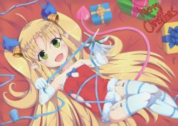 Rule 34 | 1girl, arkaras, astarotte ygvar, bare shoulders, blonde hair, dress, elbow gloves, fang, garter straps, gift, gloves, green eyes, hair ornament, long hair, lotte no omocha!, lying, merry christmas, on back, open mouth, panties, pointy ears, ribbon, scissors, short dress, smile, solo, strapless, strapless dress, tail, thigh gap, thighhighs, twintails, two side up, underwear, very long hair, white panties