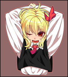 Rule 34 | 1girl, ;d, arms behind head, arms up, black border, black vest, blonde hair, border, bow, brown background, brown outline, collared shirt, cropped torso, crossed wrists, fang, hair between eyes, hair bow, long sleeves, looking at viewer, necktie, one eye closed, open mouth, outline, red bow, red eyes, red necktie, rumia, shamo (koumakantv), shiny skin, shirt, short hair, short necktie, simple background, skin fang, smile, solo, straight-on, touhou, upper body, vest, white shirt, wing collar