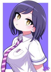 Rule 34 | 1girl, :o, arm behind back, black hair, blush, breasts, highres, impossible clothes, impossible shirt, large breasts, looking at viewer, mole, mole under eye, necktie, negiponzu, nijisanji, official alternate costume, purple necktie, school uniform, shirt, shizuka rin, shizuka rin (3rd costume), short hair, short sleeves, solo, striped necktie, summer uniform, swept bangs, virtual youtuber, white shirt, yellow eyes