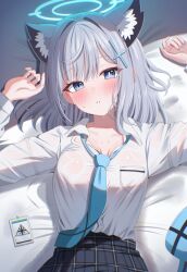 Rule 34 | 1girl, absurdres, animal ear fluff, animal ears, bed sheet, blue archive, blue eyes, blue nails, blue necktie, blush, commentary request, cross hair ornament, earrings, extra ears, grey hair, hair ornament, halo, highres, hiyayo25, jewelry, long hair, long sleeves, looking at viewer, loose necktie, mismatched pupils, necktie, on bed, plaid, plaid skirt, school uniform, see-through, shiroko (blue archive), shirt, skirt, solo, sweat, upper body, wet, wet clothes, wet shirt, white shirt, wolf ears