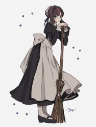 Rule 34 | 1girl, apron, back bow, black dress, black footwear, blue eyes, bow, broom, brown hair, closed mouth, dress, full body, hair bun, highres, holding, holding broom, juliet sleeves, long hair, long sleeves, looking at viewer, maco22, maid, maid apron, maid headdress, mary janes, original, pantyhose, puffy sleeves, ribbon, shoes, sidelocks, signature, simple background, smile, solo, standing, white apron, white background, white pantyhose