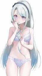Rule 34 | bow, bow panties, bra, breasts, haggy, hairband, highres, kantai collection, long hair, navel, panties, purple eyes, sagiri (kancolle), sidelocks, silver hair, simple background, small breasts, solo, underwear, underwear only, very long hair