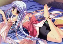 Rule 34 | 1girl, absurdres, anklet, ass, barefoot, bed, bike shorts, blue hair, feet, highres, japanese clothes, jewelry, looking back, lying, mizune gin, on stomach, pink eyes, prism rhythm, ribbon, sesena yau, solo