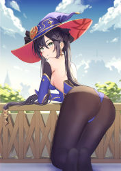 Rule 34 | 1girl, ass, bare shoulders, bent over, black gloves, black pantyhose, blue hat, blue leotard, blurry, blush, depth of field, detached sleeves, earrings, from behind, genshin impact, gloves, green eyes, hair ornament, hair ribbon, hat, highres, jewelry, large hat, leotard, long hair, looking at viewer, looking back, md5 mismatch, mona (genshin impact), nyanko960121, outdoors, pantyhose, parted lips, resolution mismatch, ribbon, solo, source larger, star (symbol), star earrings, thighs, twintails, witch hat
