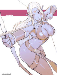 Rule 34 | 1girl, absurdres, bare shoulders, barefoot, belt, belt skirt, blue skin, bow (weapon), breasts, center opening, circlet, cleavage, colored skin, commentary, commission, commissioner upload, dark elf, dungeons &amp; dragons: shadow over mystara, dungeons &amp; dragons, elf, fingernails, highres, holding, holding weapon, jewelry, large breasts, loincloth, long hair, long pointy ears, navel, outstretched arm, pointy ears, rejean dubois, revealing clothes, shadow elf, solo, standing, turtleneck, vambraces, very long hair, weapon, white hair