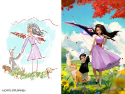 Rule 34 | 1boy, 1girl, animal, black eyes, black hair, black shirt, blurry, bright pupils, child, cloud, cloudy sky, commentary, depth of field, derivative work, dog, dress, english commentary, english text, flower, full body, grass, highres, holding, holding hands, holding sword, holding weapon, leaf, long hair, maple leaf, mother and son, original, over shoulder, parted lips, purple dress, red eyes, redrawn, rock, ross tran, screenshot redraw, shiba inu, shirt, short hair, shorts, sky, smile, spirit, sword, sword over shoulder, transparent, weapon, weapon over shoulder, white pupils, wind