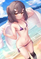 Rule 34 | 1girl, arata (xin), arm behind head, arm up, bare arms, bare shoulders, beach, bikini, black hair, black thighhighs, blush, breasts, brown eyes, closed mouth, collarbone, collared shirt, commentary request, day, dutch angle, fate/grand order, fate/kaleid liner prisma illya, fate (series), feet out of frame, front-tie bikini top, front-tie top, groin, hair ornament, halterneck, hand up, highres, looking at viewer, lowleg, lowleg bikini, medium hair, micro bikini, miyu edelfelt, navel, open clothes, open shirt, outdoors, over-kneehighs, purple bikini, revision, shirt, unworn shirt, side-tie bikini bottom, small breasts, smile, solo, standing, stomach, swimsuit, thighhighs, water, white shirt