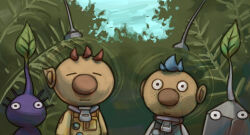Rule 34 | 2boys, alien, alph (pikmin), big nose, black eyes, black skin, blue hair, blue sky, brown hair, buttons, closed eyes, closed mouth, colored skin, commentary request, day, freckles, height difference, helmet, leaf, looking at viewer, male focus, mini person, miniboy, multiple boys, naru (wish field), nintendo, no mouth, olimar, outdoors, path, pikmin (creature), pikmin (series), plant, pointy ears, purple hair, purple pikmin, purple skin, radio antenna, road, rock, rock pikmin, short hair, sky, smile, space helmet, spacesuit, upper body, very short hair, whistle
