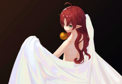 Rule 34 | 1girl, ahoge, apple, arknights, back, bare shoulders, bed sheet, black background, brown background, commentary request, dwarf, earrings, food, fruit, golden apple, green eyes, highres, jewelry, long hair, myrtle (arknights), naked sheet, nude, pointy ears, red hair, solo, timitarcat