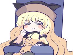 Rule 34 | 1girl, black hat, blonde hair, blush stickers, chahan (fried rice0614), closed mouth, constellation print, hat, long hair, matara okina, simple background, sitting, smug, solo, tabard, touhou, upper body, white background, wide sleeves, yellow eyes, yellow sleeves