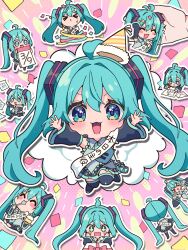 Rule 34 | &gt;:), &gt; &lt;, 39, 6+girls, :3, ^ ^, ahoge, aqua eyes, aqua hair, aqua necktie, arms up, black footwear, black skirt, black sleeves, boots, box, cake, chibi, closed eyes, closed mouth, commentary, confetti, cross in eye, detached sleeves, envelope, food, gift, gift box, grey shirt, hair ornament, hat, hatsune miku, highres, holding, holding plate, holding spoon, birthday sash, irasutogakari, long hair, looking at viewer, miku day, multiple girls, necktie, open mouth, party hat, plate, pleated skirt, sash, shirt, skirt, sleeveless, sleeveless shirt, spoon, spring onion, thigh boots, tie clip, tongue, twintails, v-shaped eyebrows, very long hair, very long sleeves, vocaloid, white sash