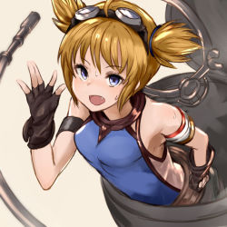 Rule 34 | 10s, 1girl, :d, ahoge, armlet, bad id, bad nicoseiga id, bare shoulders, belt, black gloves, blonde hair, fang, fingerless gloves, from above, gloves, goggles, goggles on head, granblue fantasy, looking at viewer, open mouth, pengie, purple eyes, short hair, short twintails, simple background, smile, solo, sweat, twintails, yatsuka (846)