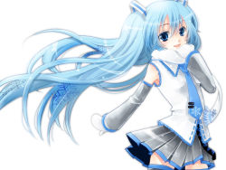 Rule 34 | 1girl, blue eyes, blue hair, bow, detached sleeves, hair bow, hatsune miku, looking at viewer, matching hair/eyes, mittens, necktie, open mouth, riu (1037238), scarf, shima riu, skirt, smile, solo, twintails, vocaloid, white background, white scarf, yuki miku