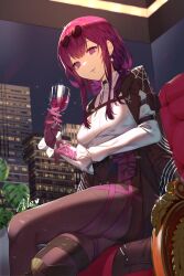 Rule 34 | 1girl, aile (crossroads), alcohol, black jacket, black shorts, blush, breasts, collared shirt, commentary request, couch, cup, dress shirt, drinking glass, eyewear on head, gloves, grin, high-waist shorts, highres, honkai: star rail, honkai (series), jacket, jewelry, kafka (honkai: star rail), large breasts, long hair, long sleeves, looking at viewer, pantyhose, pantyhose under shorts, purple eyes, purple gloves, purple hair, purple pantyhose, ring, round eyewear, shirt, shorts, sitting, smile, solo, white shirt, wine, wine glass