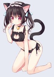 Rule 34 | 1girl, absurdres, animal ears, arched back, bare arms, bare legs, bare shoulders, barefoot, bell, black bra, black hair, black panties, bra, breasts, cat ears, cat lingerie, cat tail, choker, cleavage, cleavage cutout, clothing cutout, collarbone, expressionless, fake animal ears, full body, grey background, hair between eyes, hair ribbon, hairband, highres, hoshi (snacherubi), jingle bell, kneeling, looking at viewer, maid headdress, medium breasts, meme attire, navel, neck bell, original, panties, paw pose, red eyes, ribbon, short hair, side-tie panties, sidelocks, simple background, solo, tail, tareme, twintails, underwear, underwear only
