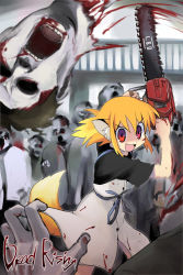 Rule 34 | 1girl, animal ears, apricot, apricot (yamai), blonde hair, blood, blood on face, capcom, chainsaw, dead rising, dead rising 1, decapitation, fox ears, fox tail, guro, original, red eyes, severed head, solo, tail, yamai, zombie