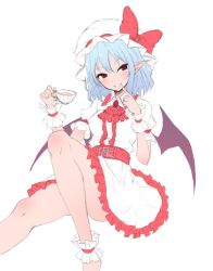 Rule 34 | 1girl, ankle cuffs, ascot, ass, bare legs, barefoot, bat wings, blue hair, blush, bow, breasts, brooch, center frills, commentary, cup, dress, drinking glass, feet out of frame, finger to mouth, frilled shirt collar, frills, hair between eyes, hands up, hat, hat bow, head tilt, holding, holding cup, jewelry, junior27016, knee up, looking at viewer, medium breasts, mob cap, petticoat, pointy ears, puffy short sleeves, puffy sleeves, red ascot, red bow, red eyes, red sash, remilia scarlet, sash, short dress, short hair, short sleeves, simple background, sitting, sketch, solo, teacup, thighs, touhou, white background, white dress, white hat, wing collar, wings, wrist cuffs