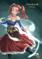 Rule 34 | 1girl, bad id, bad pixiv id, bare shoulders, breasts, character name, cleavage, copyright name, dragon quest, dragon quest viii, dress, closed eyes, jessica albert, large breasts, magic, purple shirt, red hair, shirt, solo, square enix, strapless, strapless dress, twintails, whip, yuki usagi (mofurafu)