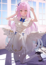 Rule 34 | 1girl, arm up, black footwear, blue archive, blue bow, blue hair, blush, bow, breasts, brown eyes, capelet, closed mouth, commentary request, dress, feathered wings, gradient hair, hair bun, halo, hand up, high heels, highres, indoors, kneeling, long hair, looking at viewer, low wings, medium breasts, mika (blue archive), multicolored hair, pantyhose, pink hair, pumps, shoes, single side bun, sleeveless, sleeveless dress, smile, solo, subachi, very long hair, white capelet, white dress, white pantyhose, white wings, window, wings