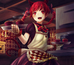 Rule 34 | 1girl, alternate color, animal ears, apron, bell, blush, bow, braid, candle, cat ears, cat tail, ceiling, checkered apron, checkered clothes, commentary request, cowboy shot, dress, extra ears, eyelashes, food, hair between eyes, hair bow, hair ribbon, hanging scroll, highres, indoors, jingle bell, kaenbyou rin, looking to the side, muffin, multiple tails, neck ribbon, open mouth, oven, oven mitts, puffy short sleeves, puffy sleeves, purple dress, red eyes, red hair, red ribbon, ribbon, scroll, short hair, short sleeves, solo, steam, tail, teeth, torottye, touhou, tray, tress ribbon, twin braids, upper teeth only, wooden ceiling