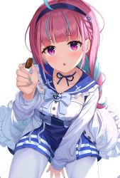 Rule 34 | 1girl, absurdres, ahoge, anchor hair ornament, anchor symbol, between legs, blue bow, blue hair, blue hairband, blue nails, blue ribbon, blue skirt, blunt bangs, blush, bow, bow skirt, braid, breasts, chocolate, choker, collarbone, colored inner hair, food, frilled sailor collar, frills, from above, hair ornament, hairband, hand between legs, hand up, high-waist skirt, highres, holding, holding chocolate, holding food, hololive, jacket, large breasts, long hair, long sleeves, looking at viewer, looking up, minato aqua, minato aqua (sailor), monmo mu, multicolored hair, nail polish, open clothes, open jacket, open mouth, pantyhose, pink hair, pleated skirt, purple eyes, ribbon, ribbon choker, sailor collar, school uniform, serafuku, sidelocks, sitting, skirt, solo, streaked hair, twin braids, two-tone hair, virtual youtuber, white background, white jacket, white pantyhose