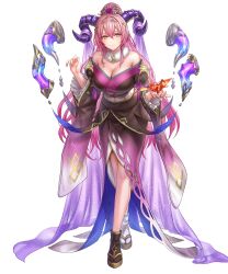 Rule 34 | 1girl, alternate costume, anbe yoshirou, black socks, blush, breasts, cleavage, curled horns, female focus, fire emblem, fire emblem heroes, floating, floating object, frilled sleeves, frills, full body, fur trim, gloves, goat horns, hair ornament, highres, horns, large breasts, long hair, looking at viewer, mismatched socks, multicolored hair, nerthuz (fire emblem), nerthuz (new year) (fire emblem), nintendo, no bra, non-web source, official alternate costume, official art, origami, paper crane, pink hair, ponytail, purple eyes, second-party source, socks, solo, two-tone hair, very long hair, white socks