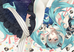 Rule 34 | 1girl, aqua hair, bracelet, dress, green eyes, hair ribbon, hatsune miku, high heels, highres, izumi4195202, jewelry, long hair, microphone, microphone stand, open mouth, ribbon, sailor collar, solo, striped clothes, striped thighhighs, thighhighs, twintails, upside-down, vertical-striped clothes, vertical-striped thighhighs, very long hair, vocaloid