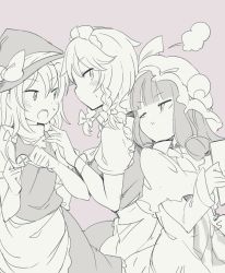 Rule 34 | 3girls, :t, apron, blunt bangs, blush, book, bow, cheek press, commentary request, cowboy shot, crescent, frills, fuukadia (narcolepsy), hair between eyes, hair bow, hat, hat bow, hat ribbon, holding, holding book, izayoi sakuya, jealous, kirisame marisa, leaning on person, long hair, long sleeves, looking at another, looking back, maid headdress, mob cap, monochrome, multiple girls, open mouth, patchouli knowledge, puffy short sleeves, puffy sleeves, ribbon, short sleeves, sweat, touhou, waist apron, witch hat