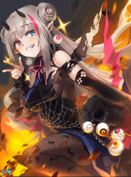 Rule 34 | 1girl, absurdres, alternate hairstyle, animal print, bag, bat print, black gloves, black nails, black pantyhose, blue eyes, boots, breasts, chain, demon tail, double bun, dress, earrings, elbow gloves, explosion, fang, fishnets, ghost, girls&#039; frontline, gloves, grey hair, grin, hair bun, halloween, heterochromia, highres, jewelry, kyjsogom, layered dress, long hair, looking at viewer, low wings, md5 mismatch, mdr (ghost trap) (girls&#039; frontline), mdr (girls&#039; frontline), medium breasts, multicolored clothes, multicolored dress, multicolored hair, nail polish, official alternate costume, pantyhose, petticoat, pink eyes, pink hair, pointy ears, resolution mismatch, selfie, sidelocks, signature, silk, skull, smile, solo, source smaller, spider web, star (symbol), streaked hair, tail, vampire, w, wings