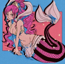 Rule 34 | 1girl, bad id, bad twitter id, bikini, blue background, blush stickers, commentary, earrings, fish hair ornament, hagoromo, hair ornament, half updo, jewelry, long hair, looking to the side, looking up, mermaid, monster girl, navel, one piece, pemu op, pink background, shawl, shell, shell earrings, shirahoshi, sidelocks, solo, star (symbol), swept bangs, swimsuit, tears, very long hair, yellow bikini