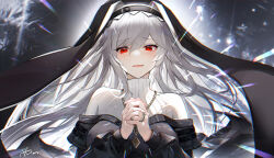 Rule 34 | 1girl, arknights, black dress, black headwear, breasts, dress, floating hair, grey hair, hands up, jewelry, large breasts, long hair, long sleeves, looking at viewer, necklace, omone hokoma agm, open mouth, own hands clasped, own hands together, red eyes, ribbed dress, solo, specter (arknights), two-tone dress, upper body, very long hair