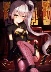 Rule 34 | 1girl, absurdres, alternate costume, ammunition, ammunition belt, arm warmers, black dress, breasts, brown thighhighs, china dress, chinese clothes, dress, fishnet thighhighs, fishnets, girls&#039; frontline, gold trim, highres, knee up, lantern, lifted by self, long hair, looking at viewer, pelvic curtain, pkp (girls&#039; frontline), ryuinu, short dress, short sleeves, side ponytail, sitting, small breasts, solo, thighhighs, very long hair, white hair, yellow eyes