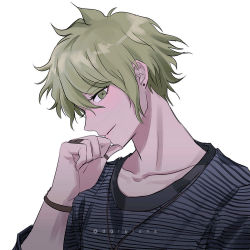 Rule 34 | 1boy, amami rantaro, blue shirt, boleum (dgrpluna), bracelet, collarbone, danganronpa (series), danganronpa v3: killing harmony, earrings, green eyes, green hair, grey background, hand on own chin, hand up, highres, jewelry, necklace, profile, ring, shirt, simple background, smile, solo, striped clothes, striped shirt, thumb ring, watermark