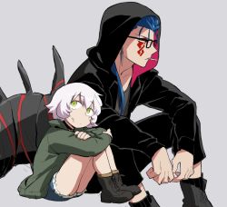 Rule 34 | 1boy, 1girl, asaya minoru, black-framed eyewear, black choker, black footwear, black jacket, black legwear, black pants, blue hair, blue shorts, boots, brown legwear, choker, cigarette, closed mouth, collarbone, cross-laced footwear, crossed arms, cu chulainn (fate), cu chulainn (fate) (all), cu chulainn (fate/stay night), cu chulainn alter (fate), cu chulainn alter (fate/grand order), cutoffs, denim, denim shorts, earrings, facial scar, facial tattoo, fate/grand order, fate (series), glasses, green eyes, green jacket, grey background, grey footwear, grey shirt, hair between eyes, hair strand, hood, hood down, hood up, hooded jacket, jack the ripper (fate/apocrypha), jacket, jewelry, lace-up boots, lancer, long hair, long sleeves, looking away, mouth hold, official alternate costume, pants, scar, scar across eye, scar on cheek, scar on face, shirt, short hair, short shorts, shorts, silver hair, simple background, sitting, socks, tail, tattoo